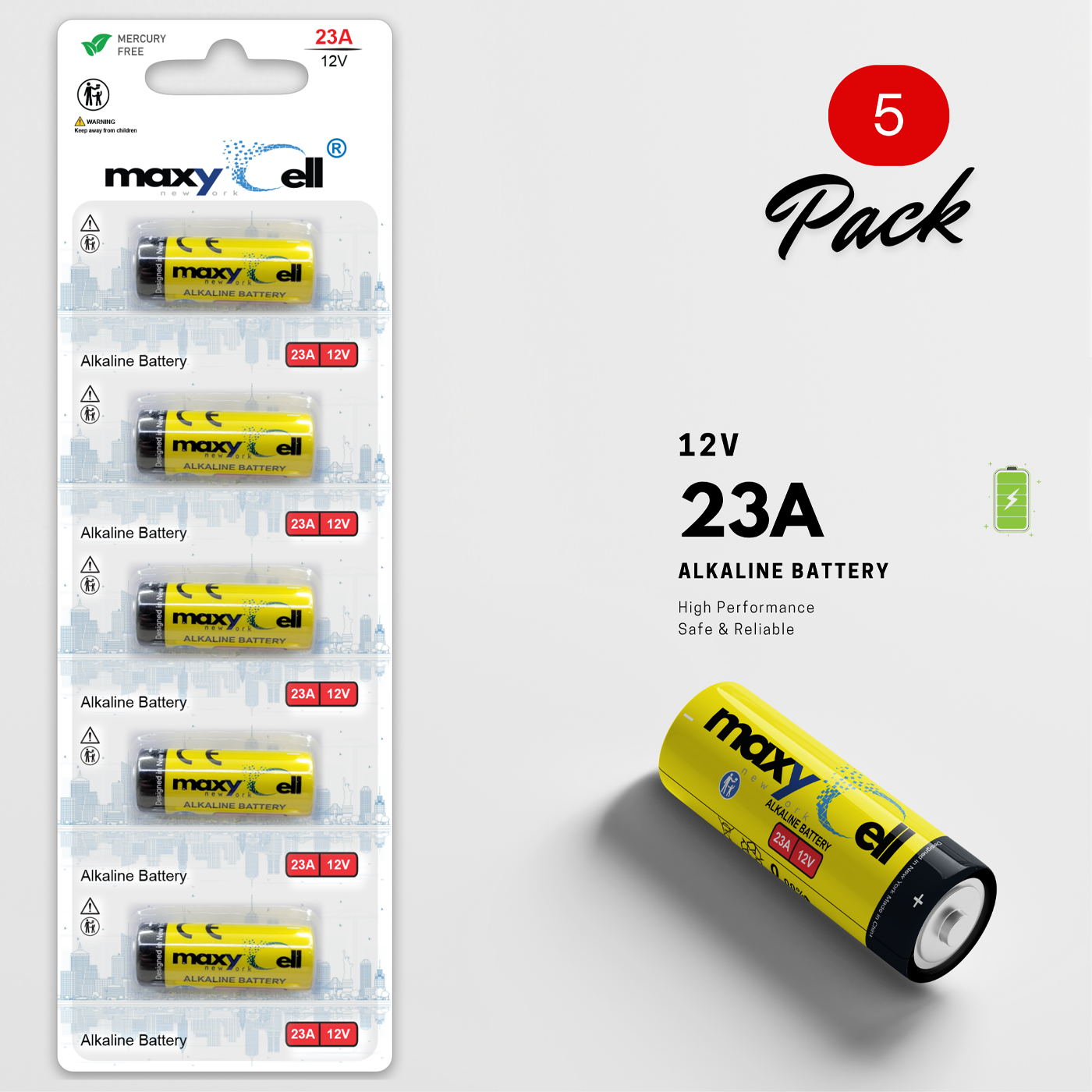 Maxycell 5 Adet 23A Alkalin Piller 12V -  A23 L1028 MN21 GP23A
