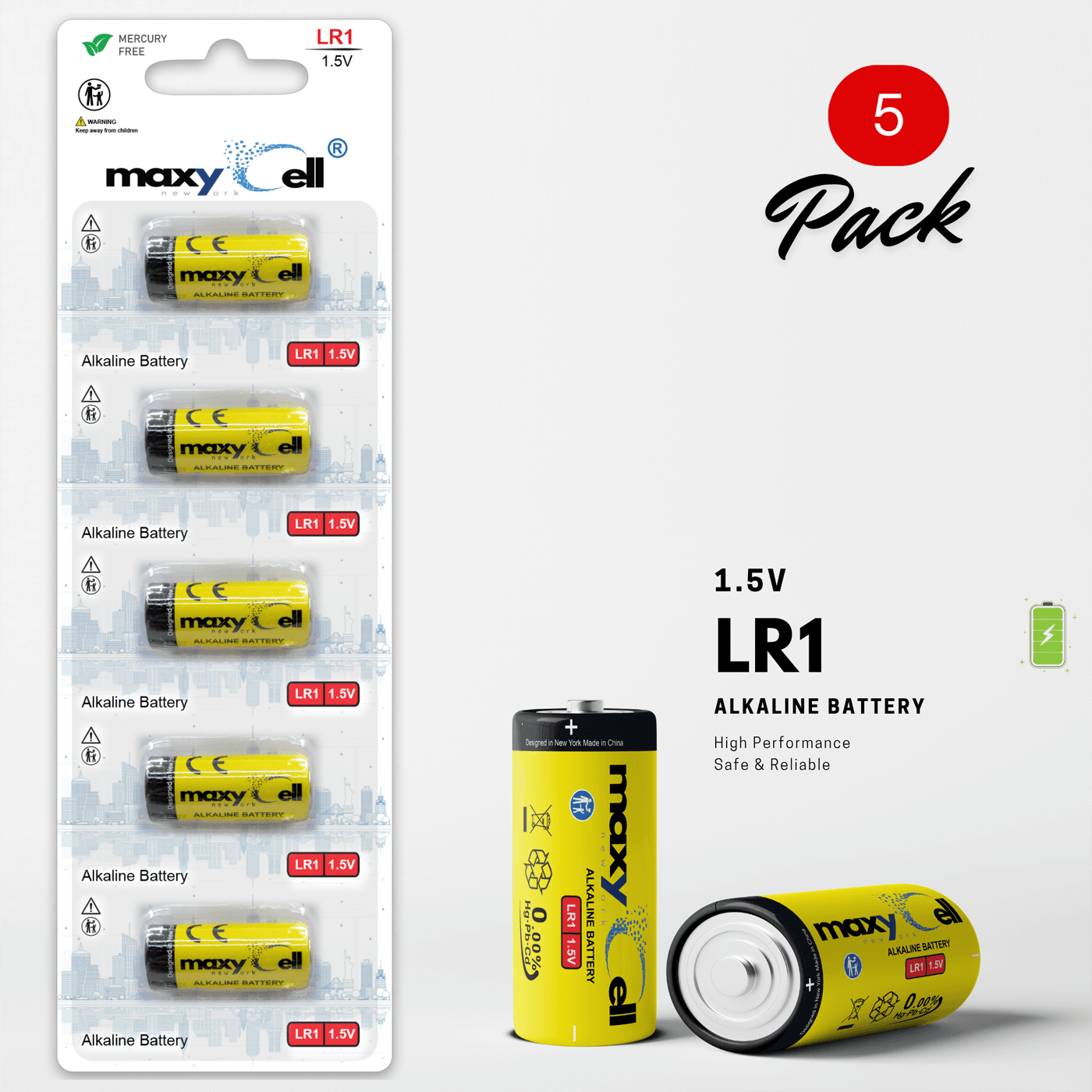 Maxycell 5 Adet LR1 Alkalin Piller 1.5V MN9100, 910A, LR1, E90