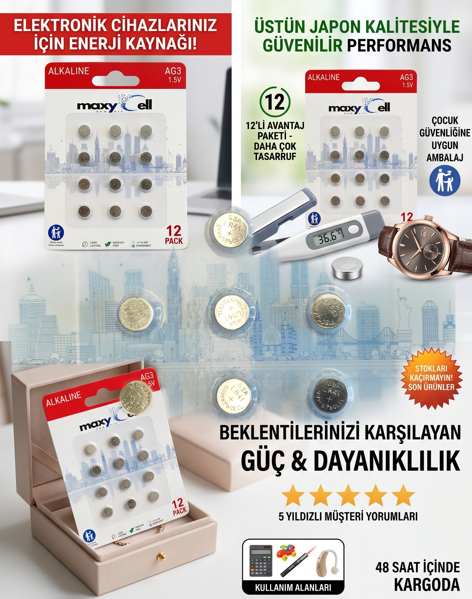 Maxycell 12 Adet AG1 LR621 1.5V MaxyCell Düğme Piller